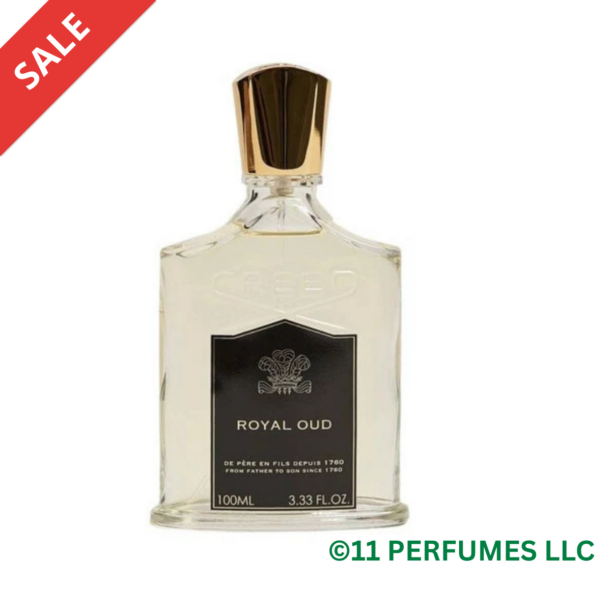 A 100ml bottle of Creed Royal Oud Eau de Parfum on a white background, featuring a clear glass bottle, a gold cap, and a black label with gold lettering.